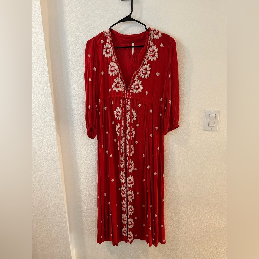Free People Red Floral Embroidered Dress